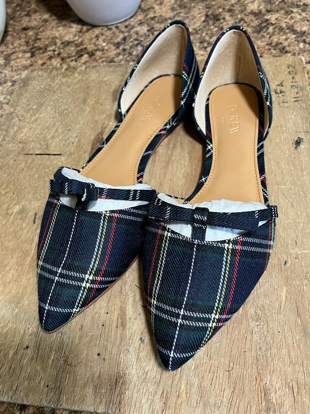 J. Crew NWOB Size 8 Navy Plaid Pointed D'Orsay Flats with Bow